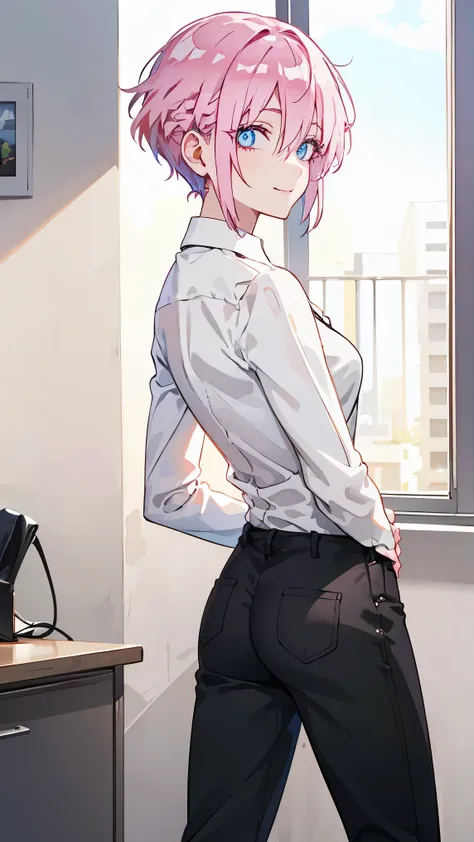 pink hair, seductive smile,
BREAK (white shirt, black pants:1.2)
BREAK sitting in an office chair, on a desk, ((Arms behind back:1.5)),
BREAK (masterpiece:1.2), best quality, high resolution, unity 8k wallpaper, (illustration:0.8), (beautiful detailed eye...