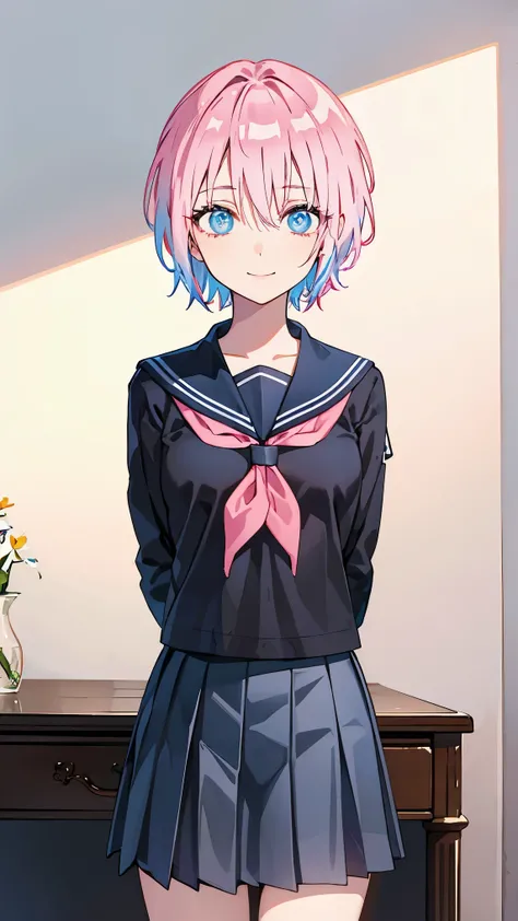 pink hair, seductive smile,
BREAK (skirt, pleated skirt, serafuku, shirt, blue shirt, long sleeves, long skirt, blue skirt, blue sailor collar, sailor collar, neckerchief, red neckerchief:1.2)
BREAK sitting in an office chair, on a desk, ((Arms behind bac...