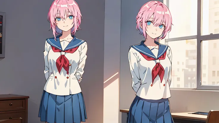 pink hair, seductive smile,
BREAK (skirt, pleated skirt, serafuku, shirt, blue shirt, long sleeves, long skirt, blue skirt, blue sailor collar, sailor collar, neckerchief, red neckerchief:1.2)
BREAK sitting in an office chair, on a desk, ((Arms behind bac...