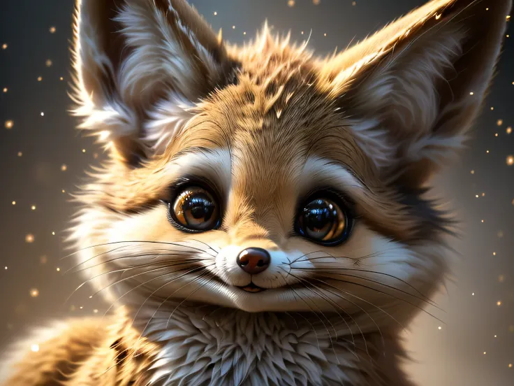 close-up photo super cute, big-eyed, with a soft, gentle nose, fluffy, smiling with two teeth, fennec fox on a natural background, realistic, beautiful, sparkles, stars in the eyes, soft volumetric light, (backlight:1.3), (cinematic:1.2), intricate details...