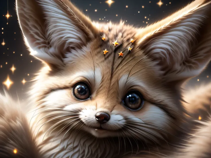 close-up photo super cute, big-eyed, with a soft, gentle nose, fluffy, smiling with two teeth, fennec fox on a natural backgroun...