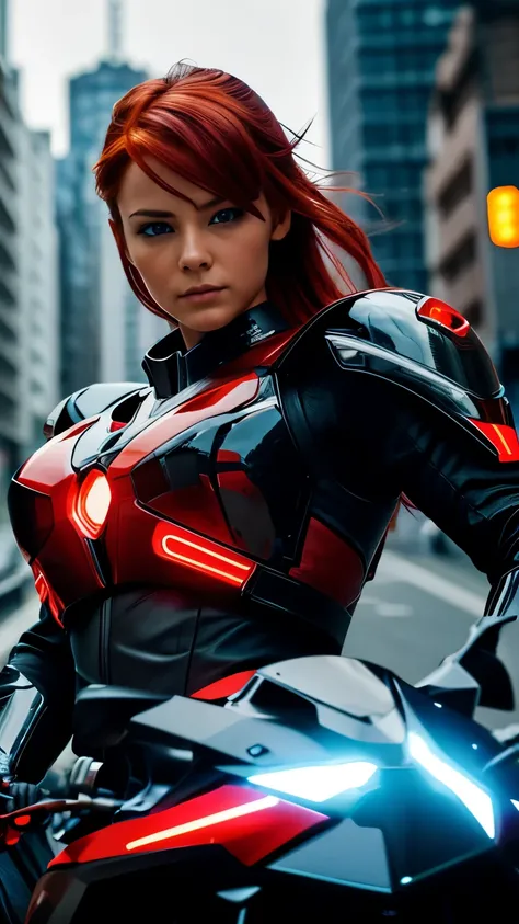 Photo of a cyborg girl in mechanical armor,20 years ,Black and red armor,neon lines glow,Exquisite face,soft shiny skin,bright red hair fluttering,Blue eyes, riding a motorcycle, red Kawasaki Ninja H2R at high speed,city street background, dynamic pose, co...