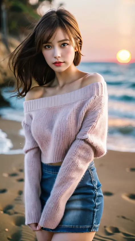 (masterpiece;1.3), realistic, 8k, Ultra-realistic, one women, sexy, wallpaper, dark elf, brown hair, long hair, beautiful face, fine eyes, fine lip, (light pink off shoulder sweater), (tight denim mini skirt), (Breast bulge 1.3), beach, sunset, half Americ...