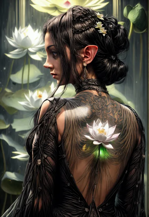 Arafed, Dark fantasy art, fantasy art, goth art, a picture of a tattoo on the back of a female elf, a glowing tattoo of a ((white lotus: 1.3)) on the elfs back, the ((lotus 1.3), she wears a transparent black dress, the dress is elegant, flowing, elven sty...