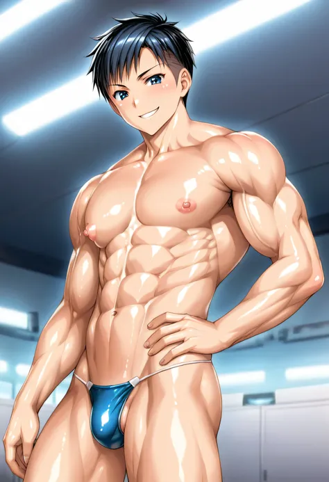 high quality, (solo japanese boy), (detailed eyes), (black Crew cut), (muscle:1.5), topless, (shiny skin), (detailed puffy nipples:1.1), (muscular chest), (boys face:1.2), tiny thong, smirk