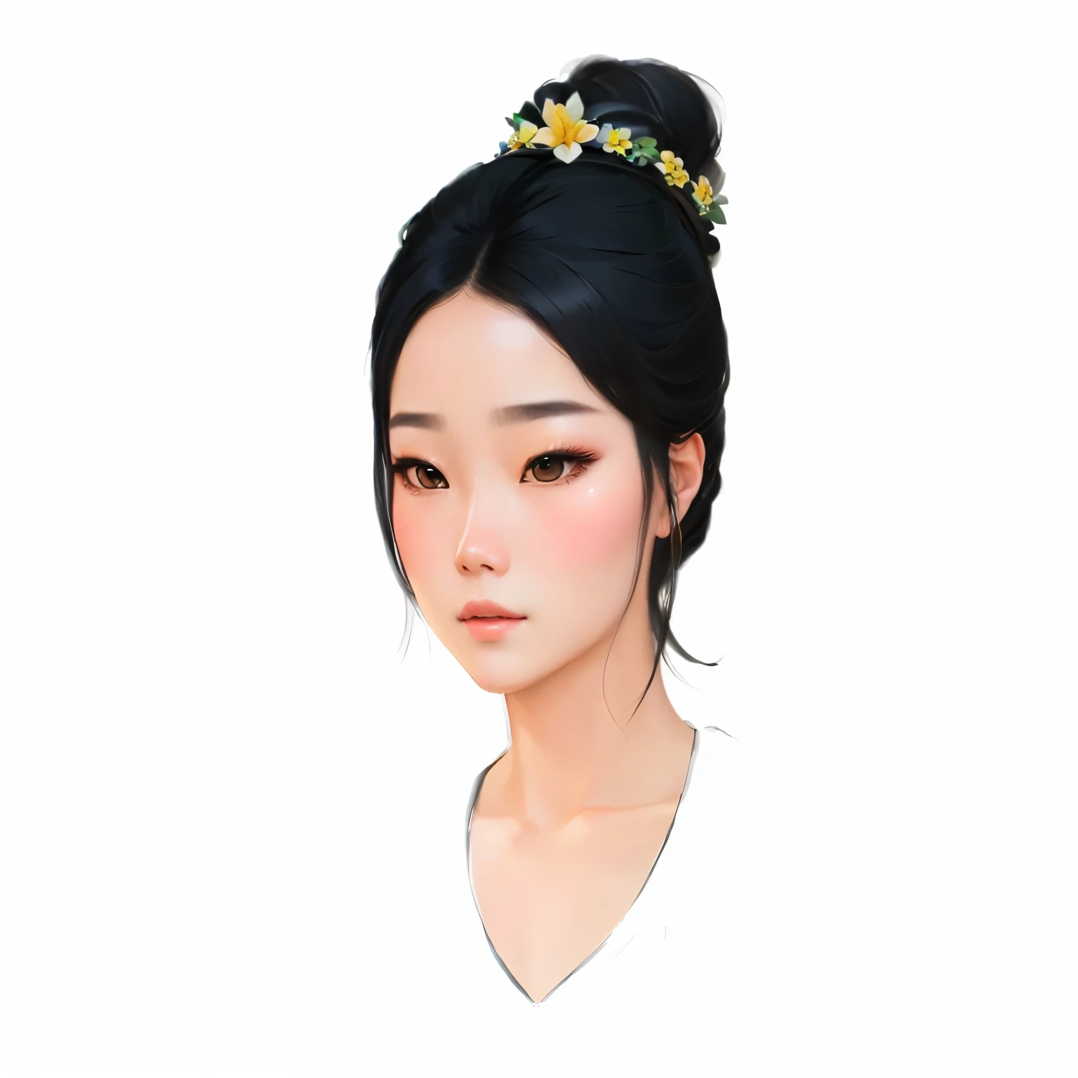 a close up of a woman with a flower in her hair, inspired by Sim Sa-jeong, inspired by Lan Ying, inspired by Yun Du-seo, inspired by Du Qiong, inspired by Ma Yuanyu, inspired by Yang Borun, south east asian with round face, in the art style of bowater, det...