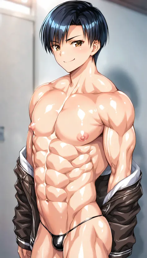 high quality, (solo japanese boy), (detailed eyes), (black Crew cut), (muscle:1.5), topless, (shiny skin), (detailed puffy nipples:1.1), (muscular chest), (boys face:1.2), tiny thong, smirk