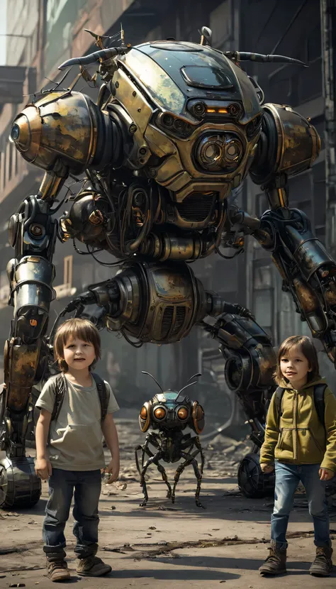 post-apocalyptic insect robot and children