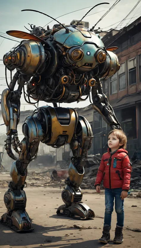 post-apocalyptic insect robot and children robotic