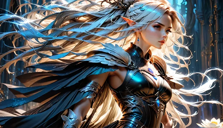 Arafed, Dark fantasy art, fantasy art, goth art, a picture of a tattoo on the back of a female elf, a glowing tattoo of a ((white lotus: 1.3)) on the elfs back, the ((lotus 1.3), she wears a transparent black dress, the dress is elegant, flowing, elven sty...