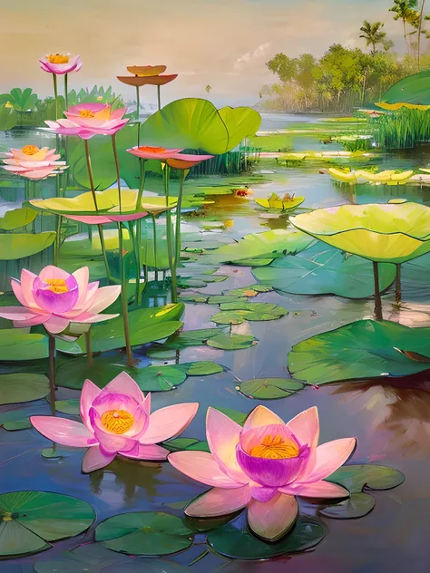 ((masterpiece)), (Photorealistic), (High resolution, Best Quality, Super detailed), (Highly detailed:1.2, unparalleled beauty),
Lotus flower, ((lotus flower blooming on water:1.2)), Hindu taste Lotus religious painting, ((lotus flowers blooming in paradise...