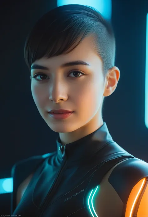 Detailed portrait, (20 year old sks woman), Futuristic neon reflective clothing, Perfect Face,  (short Hair), Matte skin, pores, Wrinkle, Ultra-detailed, Surreal,, Moody lighting, Hasselblad Award Winners, Soft Diffuse Lighting, Grin, Machine Face, The fin...