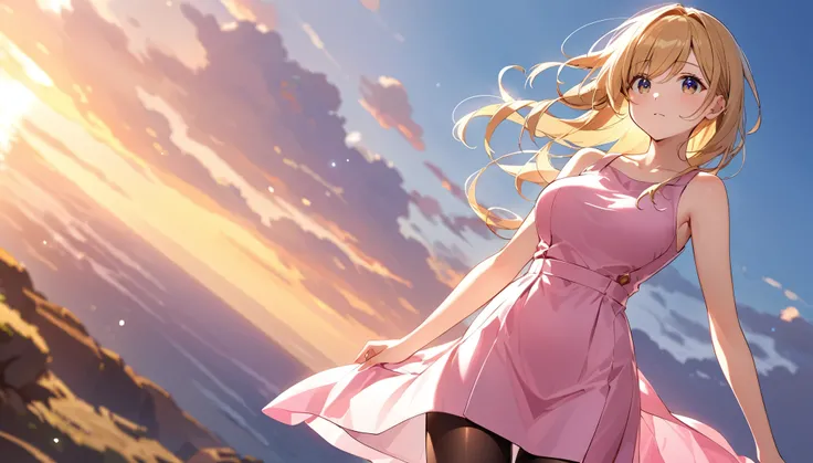 high resolution、Young woman with long, messy, windblown blonde hair、Big Breasts 、The woman is wearing a sleeveless dress,Pantyhose、Tight fitting clothes that show off your body lines、mini skirt、Earrings、Pink clothes、bright,Detailed Background,「Dreaming Aft...