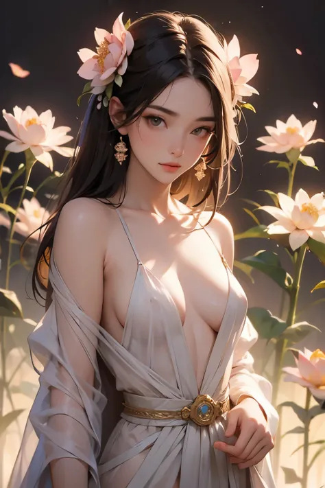 Highest quality, masterpiece, High resolution,One girl,Beautiful Face, See-through clothing、nude, naked, Lotus flower blooms、Art Station, Smooth, Sharp focus, Blur the background、Dreamy atmosphere, Art by Alphonse Mucha