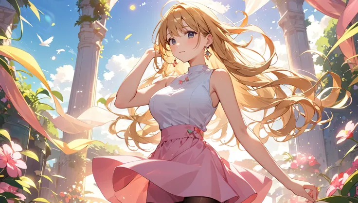 high resolution、Young woman with long, messy, windblown blonde hair、Big Breasts 、The woman is wearing a sleeveless dress,Pantyhose、Tight fitting clothes that show off your body lines、mini skirt、Earrings、Pink clothes、bright,Detailed Background,「Dreaming Aft...