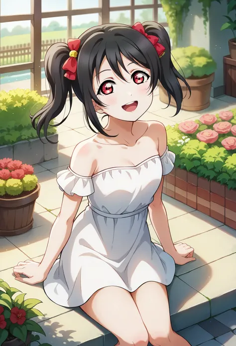 masterpiece, best quality,8k wallpaper , love live art style, yazawa nico love live, black hair, medium twintails, red eyes, white summer dress,bare shoulders, collarbone, happy, thighs , garden , looking at viewer 