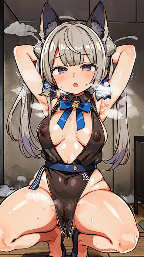 nsfw、Masterpiece、Highest quality、、Highest quality、Very fine、Very delicate、vapor、Sweat、Heat、steam、Long Breasts、Arms behind head、Squat、Gray Hair、Twin tails、Animal ears