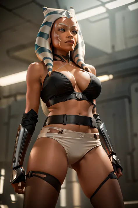 (master part), (best quality), (high resolution) , (ray tracing), Ahsoka Tano, adolescent,Perfect Anatomia , padawan clothes, Red sheer panties, tube top, diaphragm, miniskirt, white pantyhose, very busty, cleavage, camera from below, huge breasts