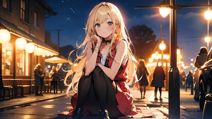 high resolution、Gazing at the sky、Young woman with long, messy, windblown blonde hair、The woman is wearing a sleeveless dress,Red dress、Pantyhose、 Tight fitting clothes that show off your body lines、mini skirt、Earrings、From below、A sad expression、A woman s...