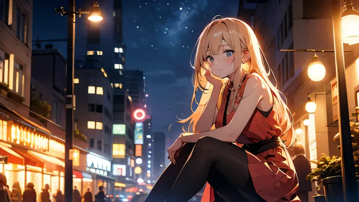 high resolution、Gazing at the sky、Young woman with long, messy, windblown blonde hair、The woman is wearing a sleeveless dress,Red dress、Pantyhose、 Tight fitting clothes that show off your body lines、mini skirt、Earrings、From below、A sad expression、A woman s...