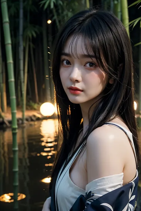 realistic, photogenic, very dark night, bamboo forest, moonlight is reflected in the pond, wearing kimono, exposed nape and shou...