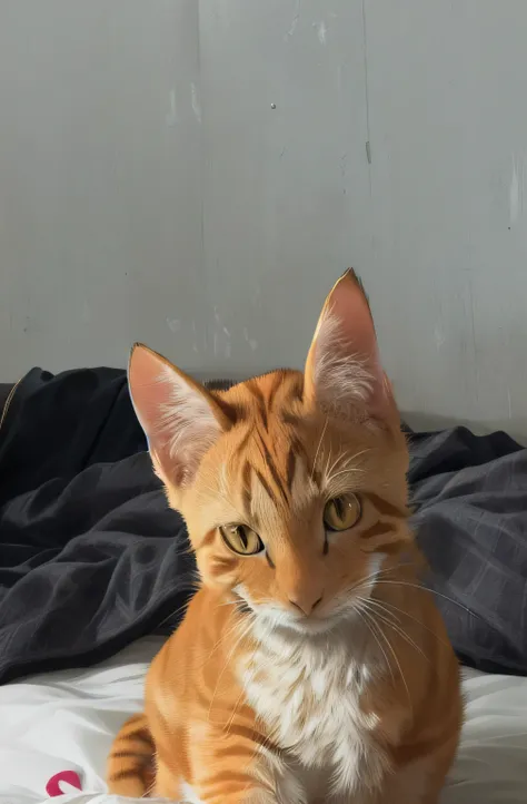 there is a small orange cat sitting on a bed with a blanket, cute furry needs your help, holding it out to the camera, taken with sony alpha 9, looking to the side, looking to camera, looking confused, close portrait, looking straight to camera, young male...