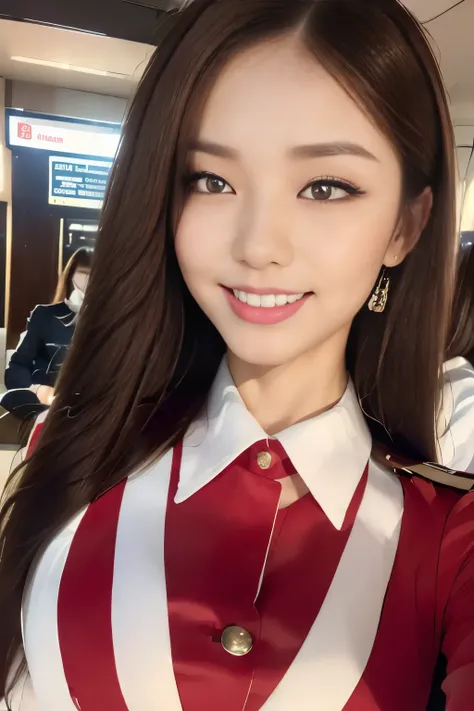 ((Highest quality, 8k, masterpiece: 1.3)), concentrate: 1.2, Perfect beauty: 1.6, Astock: 1.3, ((Straight Hairstyles), (Red AirAsia flight attendant uniform: 1.1), (evening, Airport boarding bridge), Highly detailed face and skin texture, Narrow eyes, doub...