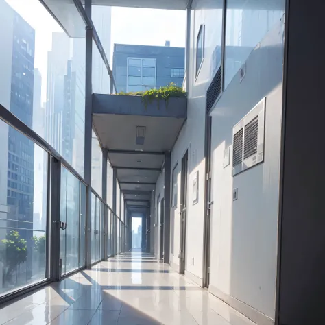 (no human), landscape, hallway, glass-walled skyscrapers in distance, clear blue sky