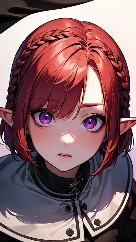 (masterpiece、of the highest quality、highest resolution、Clear_Image、Detailed details、Angle from above): (whole body、a 20 year old girl、elf ears, small face、slender、Super short vibrant red bob cut hair with a braid on the bangs、bright violet eyes, outfit got...