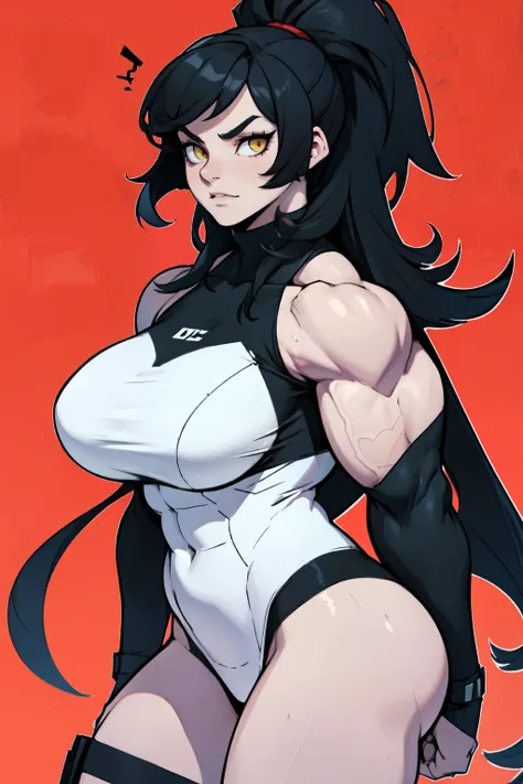 mad girl black hair yellow eyes pale skin long hair large breasts huge muscles skintight (bold outlines bold outlines bold outlines)