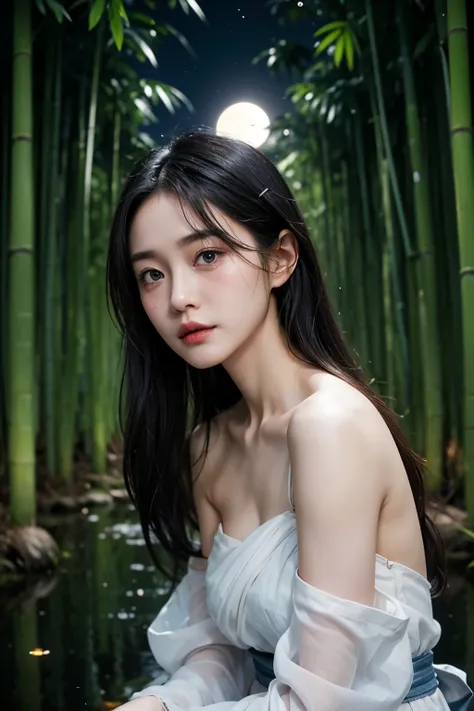 realistic, photogenic, very dark night, bamboo forest, moonlight is reflected in the clear pond, wearing only white japanese had...