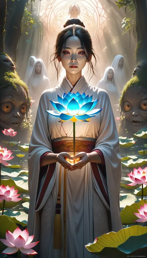 a horrific hungry ghost and a beautiful lotus flower in an aesthetic fusion, a scene of purification illuminated by pure light, ...