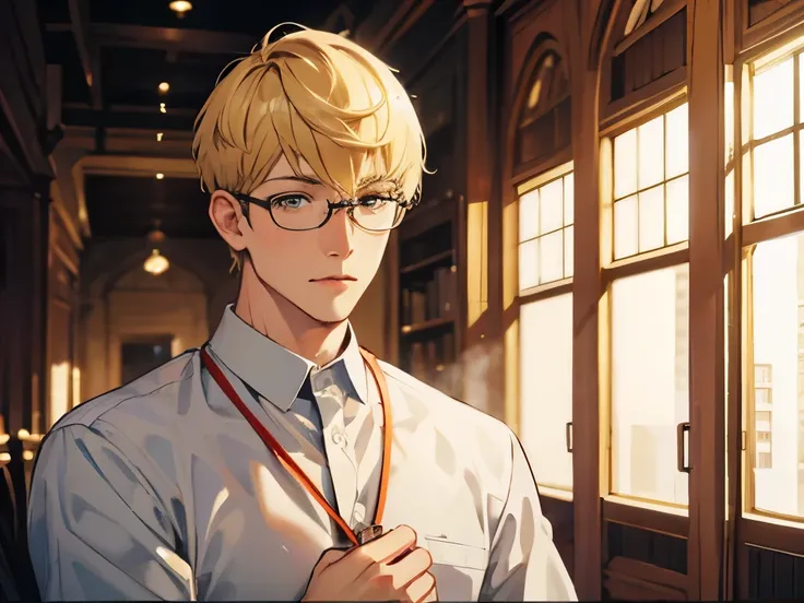 One man，Glasses，Blonde short hair，