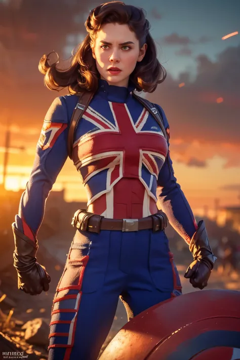 Captain Carter in her iconic Union Jack suit, standing heroically on a battlefield, red and blue shield on arm, glowing with energy. Hyper realistic super detailed capitain Carter, Very detailed, (hyper realistic: 1.4), (in dynamic fight pose, angry face))...