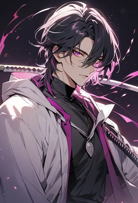 solo, handsome, 1 male, medium hair, black hair, magenta eyes, black shirt, white hood, katana