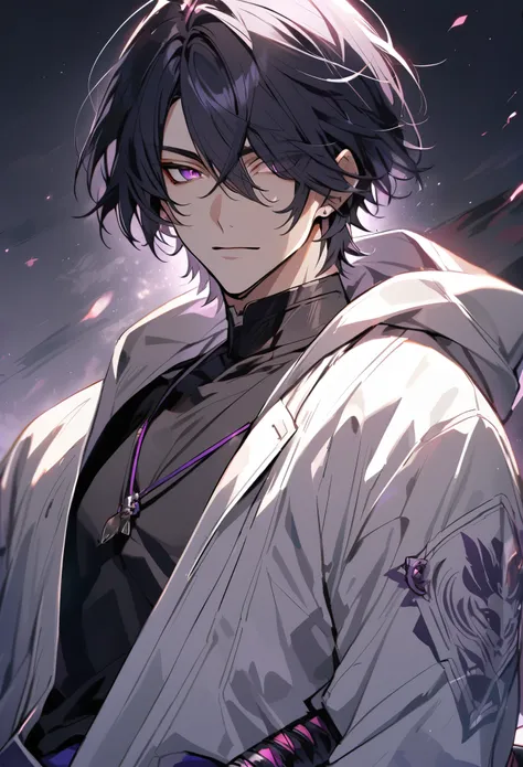 solo, handsome, 1 male, short hair, black hair, magenta eyes, black shirt, white hood, katana