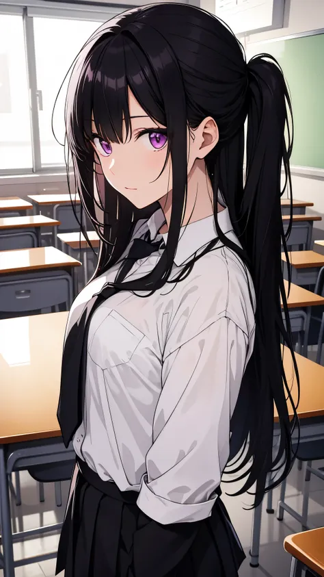 [[[ ultra-detailed, best quality, soft skin, beautiful face, masterpiece, close-up, modern setting, anime]], long hairstyle, purple eyes, black hair, school uniform, looking at viewer, standing up, classroom background  