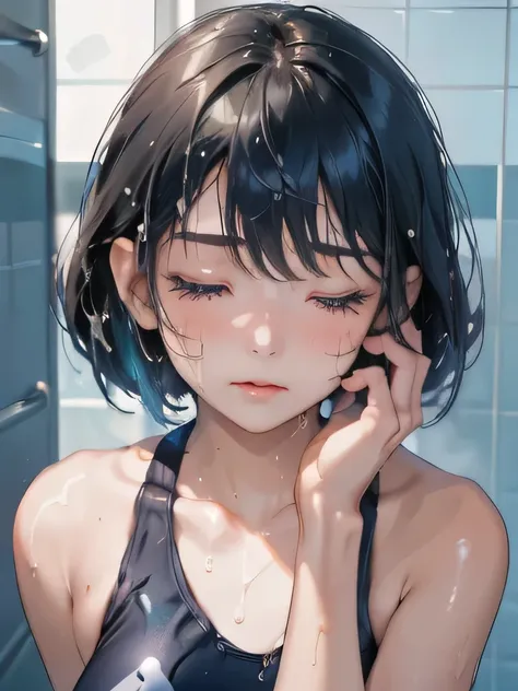 sfw,japanese woman, beautiful girl, gal,(((dark shower room))),(((competitive swimsuit))),(((front、head shot))),beautiful eyes、s...