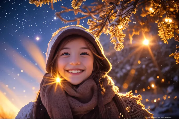 Highest quality　masterpiece　detailed　A very cute  smiles as she watches the winter sun pillars shining on a tree　Photo style　Fantasy　Dramatic Production　Fantasy