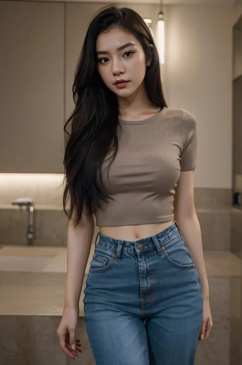 A detailed  and realistic portrait and instagram photo  of a beautiful and young 20-years-old Korean girl with pale skin,red lips, soft make up dark brown eyes,  and long, short  black hair. She is wearing a stylish provocative rop top and jeans, highlight...