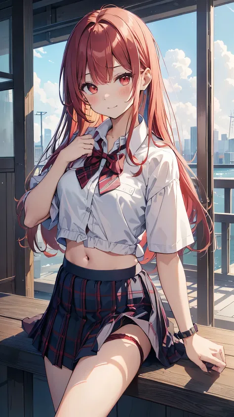 skirtをはいてベンチに座っている人のクローズアップ 1人の女の子, alone, Very long hair, chest, View your viewers, blush, smile, bangs, Red eyes, skirt, large chest, shirt, bow, belly button, chestの谷間, Mouth closed, school uniform, white shirt, Redhead, Short sleeve, heart, Thighs, mul...