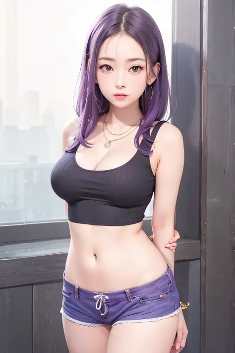 realistic, 1girls, Sayuri Akino, best quality, 12k, HD, long hair, big round breasts, cleavage,  necklace, jewelry, shorts, slim hips, purple eyes, purple hair, super detailed, Eye details , hair details, person details, mouth details, face details, breast...