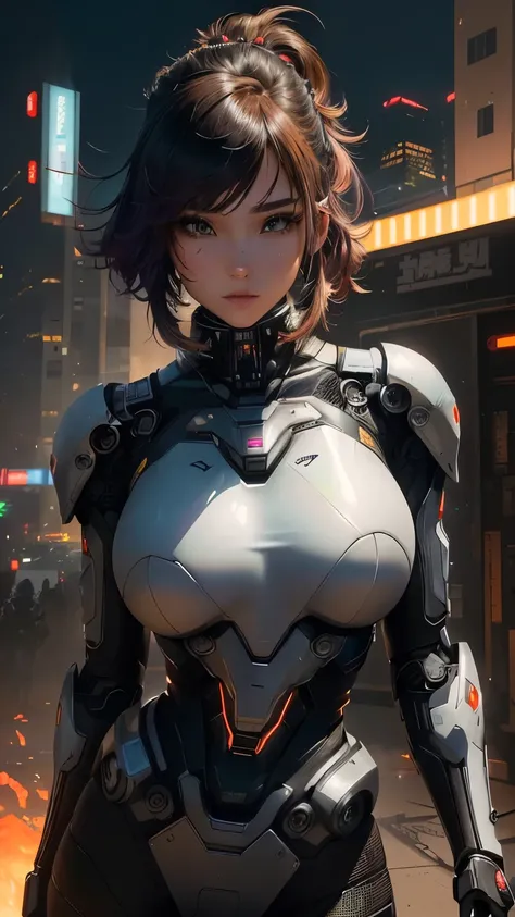 A woman in a futuristic suit stands in front of a fire, Cyborg Girl, Girl wearing mecha cyber armor, Cyborg - Girl, cute Cyborg Girl, Female Cyberpunk anime girl, Perfect android girl, Cyberpunk Anime Girl mech, Perfect anime cyborg woman, Female Cyberpunk...