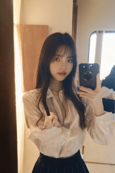 ((best quality)), ((masterpiece)), ((realistic)), (detailed), arafed girl with long hair and a striped shirt posing in front of mirror, misa amane *, lalisa manobal, rena nounen style 3/4, she looks like a mix of grimes, lalisa manoban of blackpink, misa a...