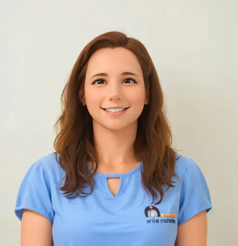 Caucasian female, brown curly hair, smiling, eyes black, staring at the camera. 