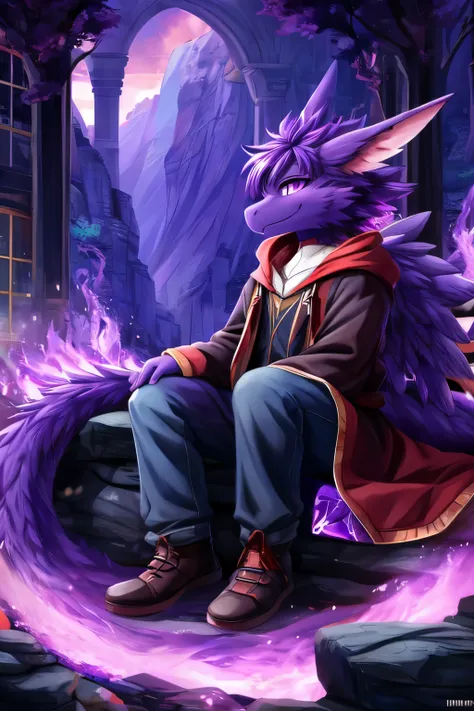 ((best quality)), ((masterpiece)), (detailed), 1 boy, casual outfit, dragon, kemono, furry, smiling, purple flames, black and purple fur, purple aura, full body, sitting, epic background. 