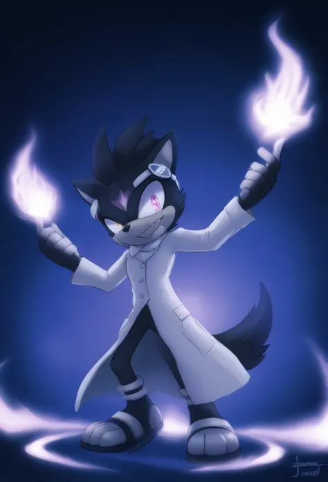 male, wolf, anthro, mobian, black fur, heterochromia, purple eye, red eye, sharp fangs, gentle smile, lab coat, white lab coat, White goggles on forehead, void energy, dark aura, night black fur, scientist, detailed face, extremely detailed eyes, masterpie...