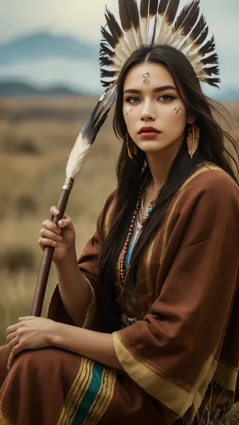 ((high detailed, best quality, 4k, masterpiece, hd:1.3)), ((best quality)), (((HD))), (((8k))), (ultraDH), (ultra HD), full-body photo, a native amarican woman, sitting in open grassland, apache leather boots, wearing stereotypical feathered native america...