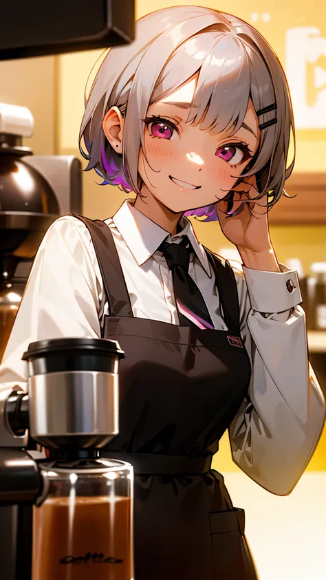 girl working in a coffee shop、brewing coffee in a coffee maker、expressive eyes、brown apron、silver and bob short hairstyle、tie yo...