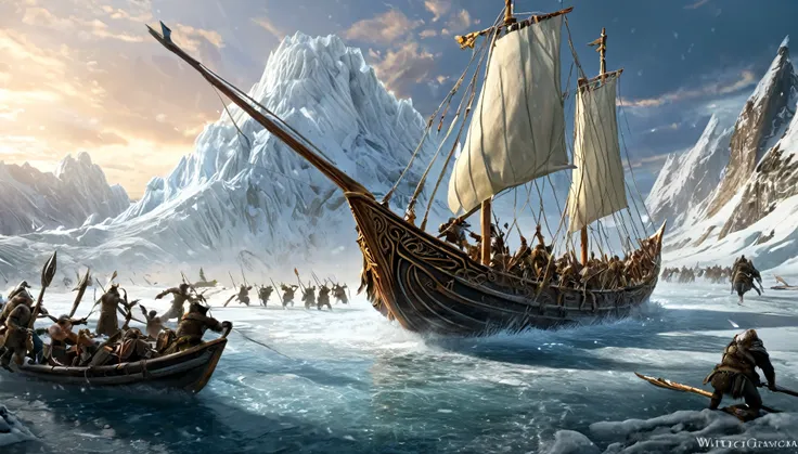 A medieval sailboat with large runners and ice blades, like a sleigh, races away from the viewer at high speed across the frozen sea into a troll army. The viewer stands slightly behind the boat from the side. The hull of the boat hovers just above the ice...